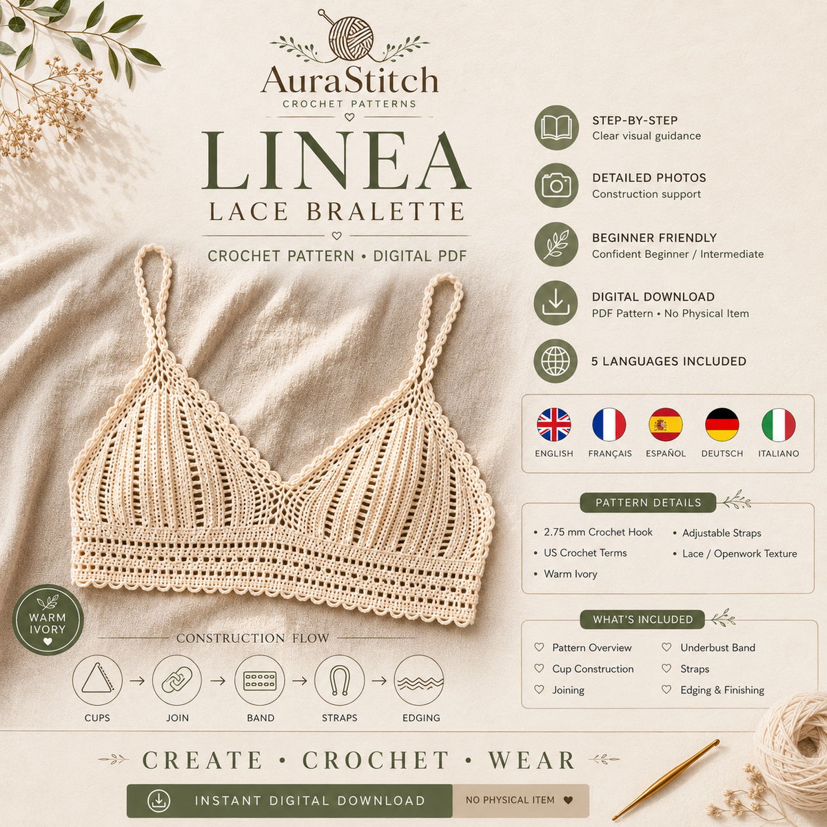 Crochet Bralette Pattern PDF | Lace Crochet Top Pattern for Women | Digital Download