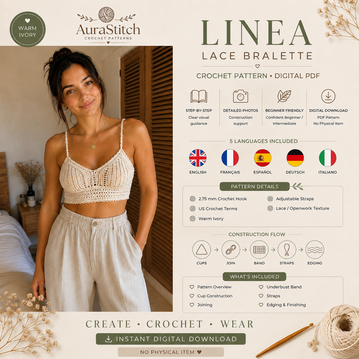 Crochet Bralette Pattern PDF | Lace Crochet Top Pattern for Women | Digital Download