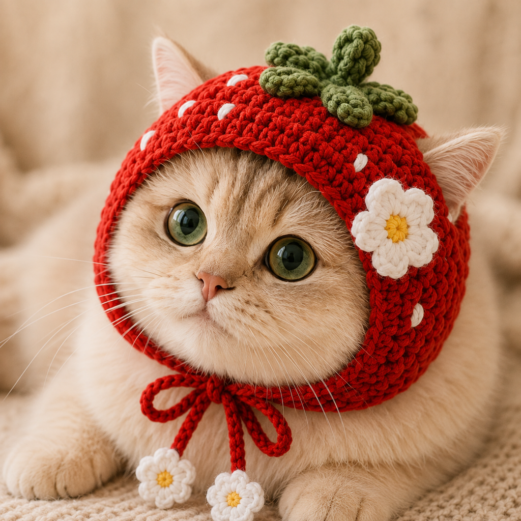 Strawberry Cat Bonnet Crochet Pattern, Crochet Cat Hat PDF, Strawberry Garden Pet Hat Pattern, Cat Bonnet Pattern, Digital PDF