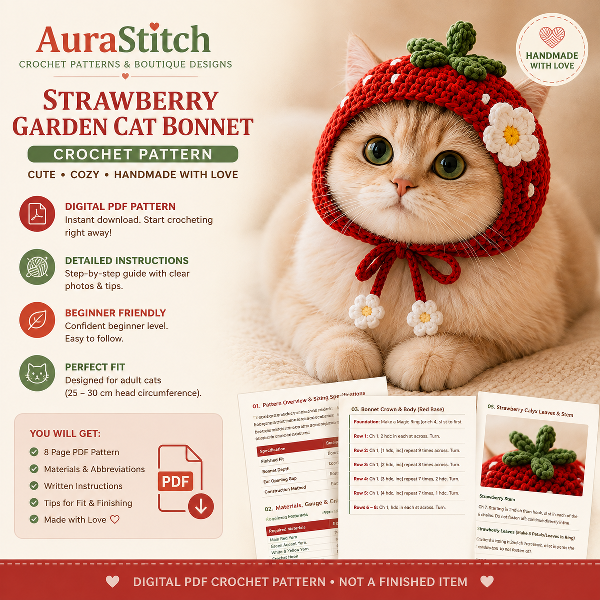 Strawberry Cat Bonnet Crochet Pattern, Crochet Cat Hat PDF, Strawberry Garden Pet Hat Pattern, Cat Bonnet Pattern, Digital PDF