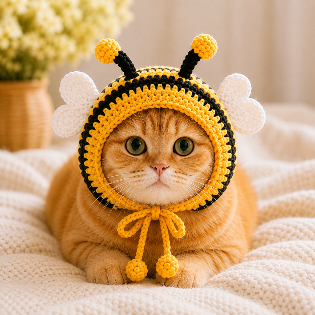 Bumblebee Cat Hat Crochet Pattern PDF, Bee Cat Bonnet Pattern, Crochet Cat Hat, Pet Bee Costume, Cute Cat Accessory, Instant Download