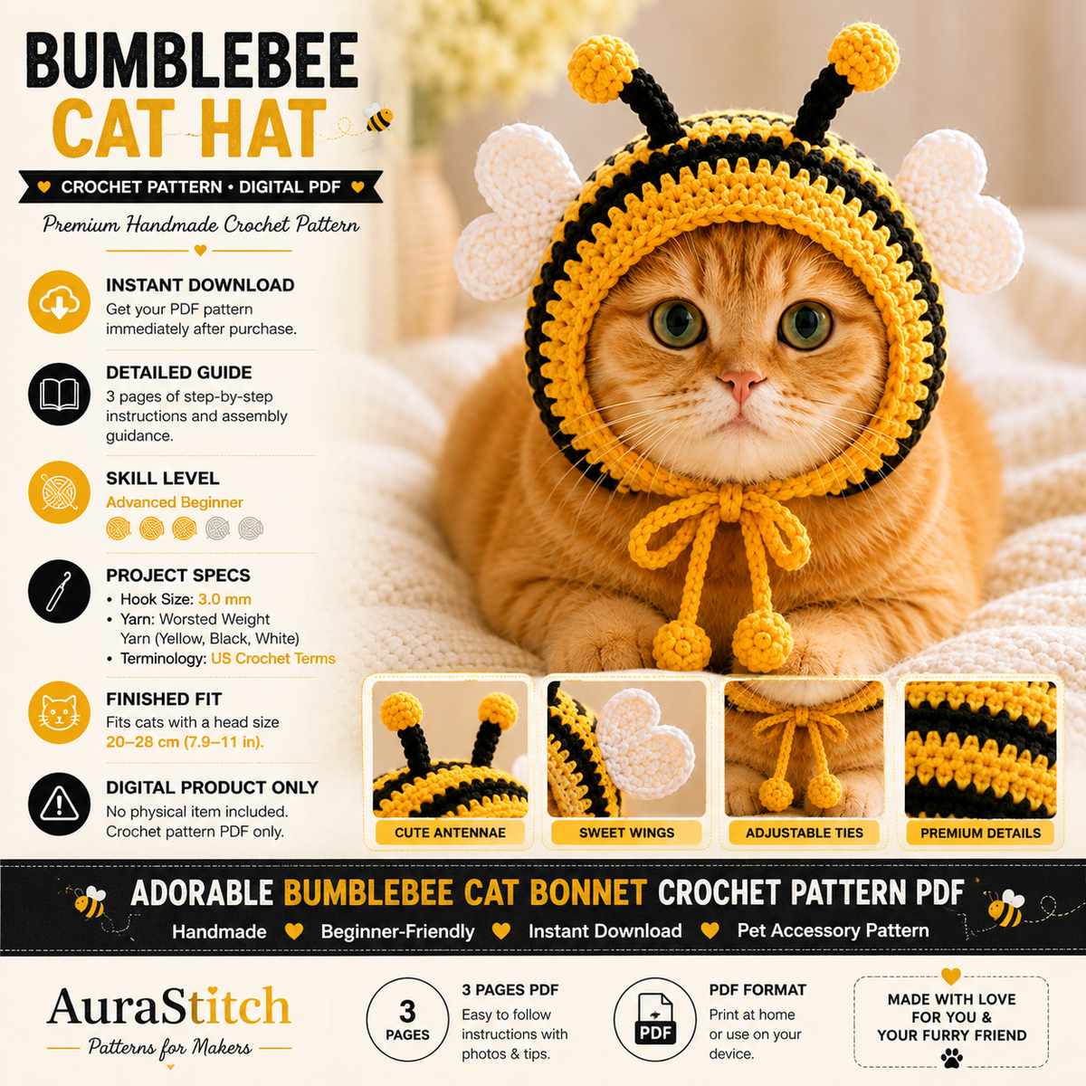 Bumblebee Cat Hat Crochet Pattern PDF, Bee Cat Bonnet Pattern, Crochet Cat Hat, Pet Bee Costume, Cute Cat Accessory, Instant Download