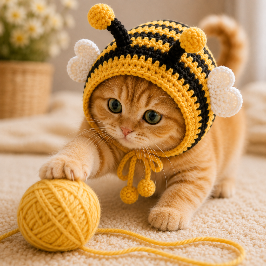 Bumblebee Cat Hat Crochet Pattern PDF, Bee Cat Bonnet Pattern, Crochet Cat Hat, Pet Bee Costume, Cute Cat Accessory, Instant Download