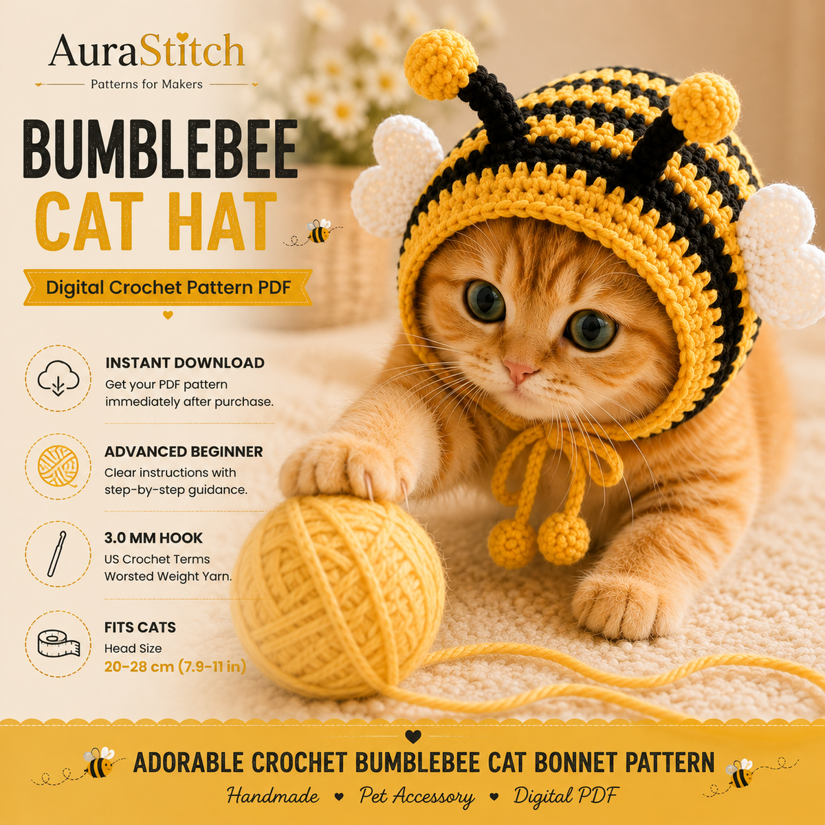 Bumblebee Cat Hat Crochet Pattern PDF, Bee Cat Bonnet Pattern, Crochet Cat Hat, Pet Bee Costume, Cute Cat Accessory, Instant Download