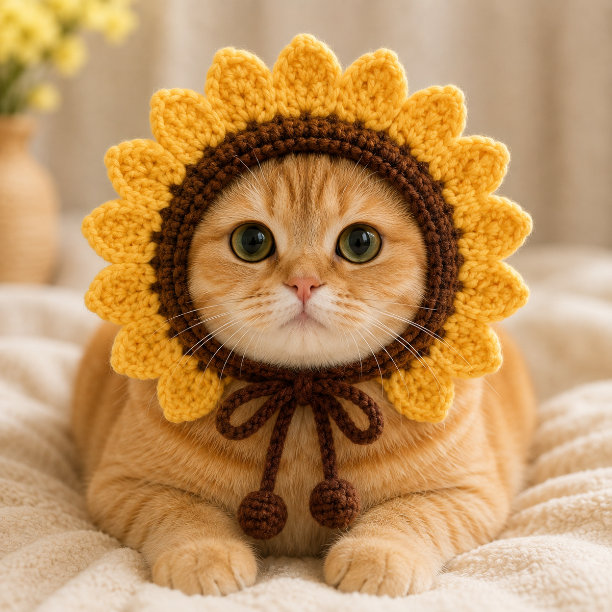Sunflower Cat Bonnet Crochet Pattern PDF, Crochet Cat Hat Pattern, Flower Pet Bonnet, Sunflower Cat Hat, Cat Costume PDF, Digital Download