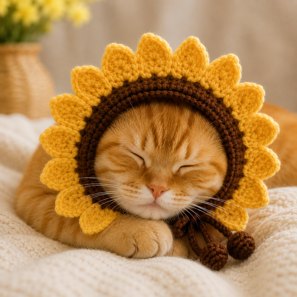 Sunflower Cat Bonnet Crochet Pattern PDF, Crochet Cat Hat Pattern, Flower Pet Bonnet, Sunflower Cat Hat, Cat Costume PDF, Digital Download