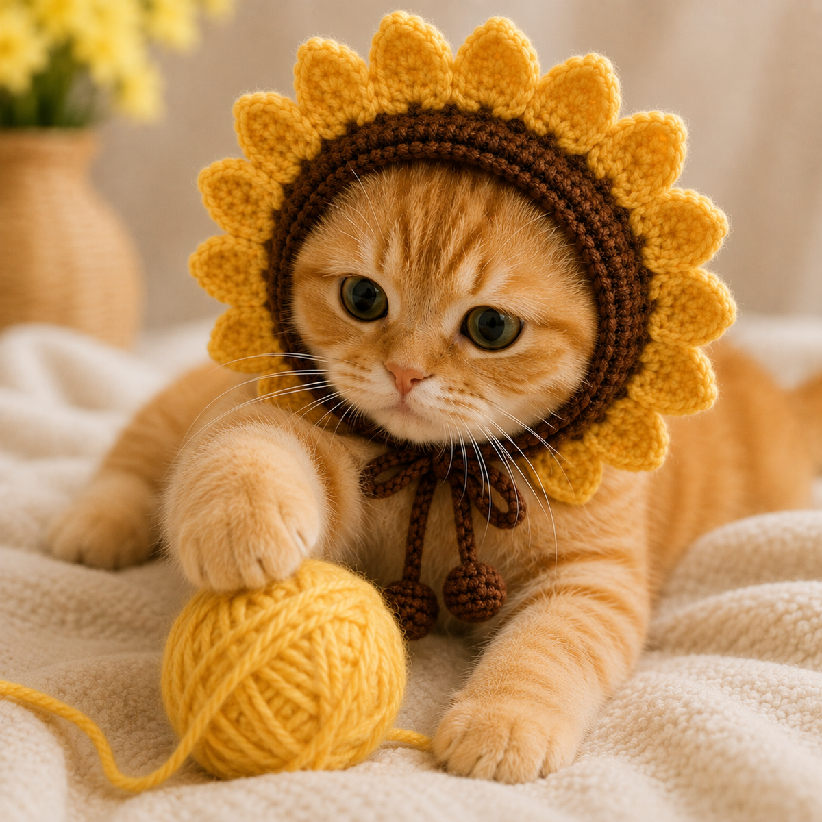 Sunflower Cat Bonnet Crochet Pattern PDF, Crochet Cat Hat Pattern, Flower Pet Bonnet, Sunflower Cat Hat, Cat Costume PDF, Digital Download