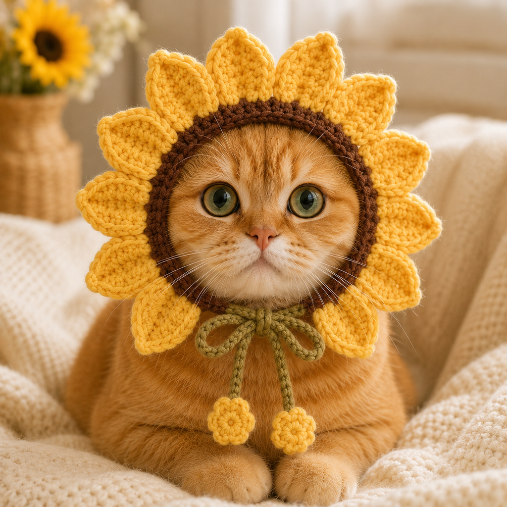Sunflower Cat Bonnet Crochet Pattern PDF, Crochet Cat Hat Pattern, Flower Pet Bonnet, Sunflower Cat Hat, Cat Costume PDF, Digital Download