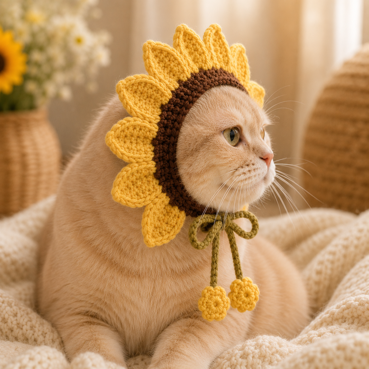 Sunflower Cat Bonnet Crochet Pattern PDF, Crochet Cat Hat Pattern, Flower Pet Bonnet, Sunflower Cat Hat, Cat Costume PDF, Digital Download