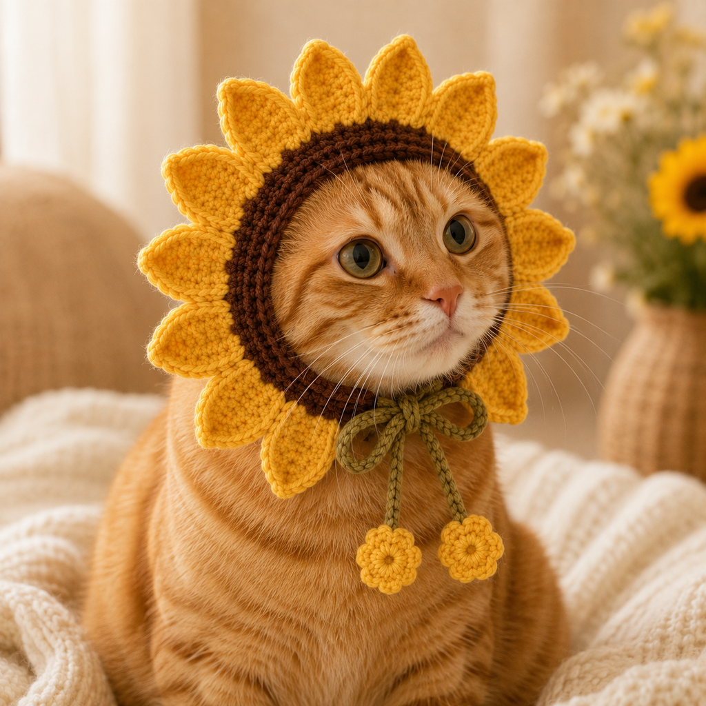 Sunflower Cat Bonnet Crochet Pattern PDF, Crochet Cat Hat Pattern, Flower Pet Bonnet, Sunflower Cat Hat, Cat Costume PDF, Digital Download