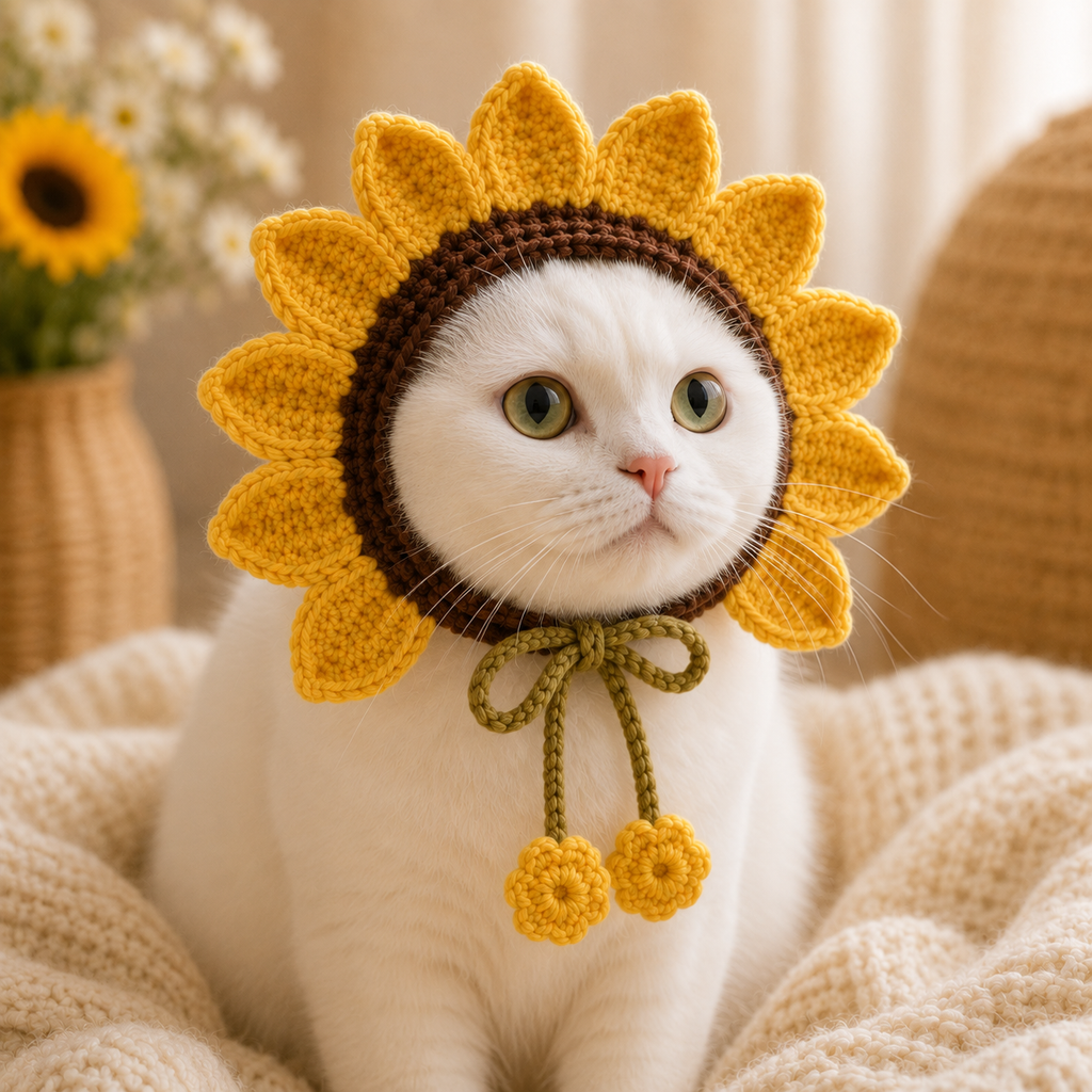 Sunflower Cat Bonnet Crochet Pattern PDF, Crochet Cat Hat Pattern, Flower Pet Bonnet, Sunflower Cat Hat, Cat Costume PDF, Digital Download