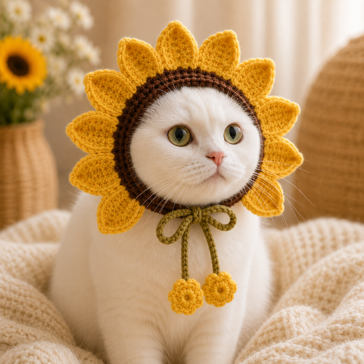 Sunflower Cat Bonnet Crochet Pattern PDF, Crochet Cat Hat Pattern, Flower Pet Bonnet, Sunflower Cat Hat, Cat Costume PDF, Digital Download