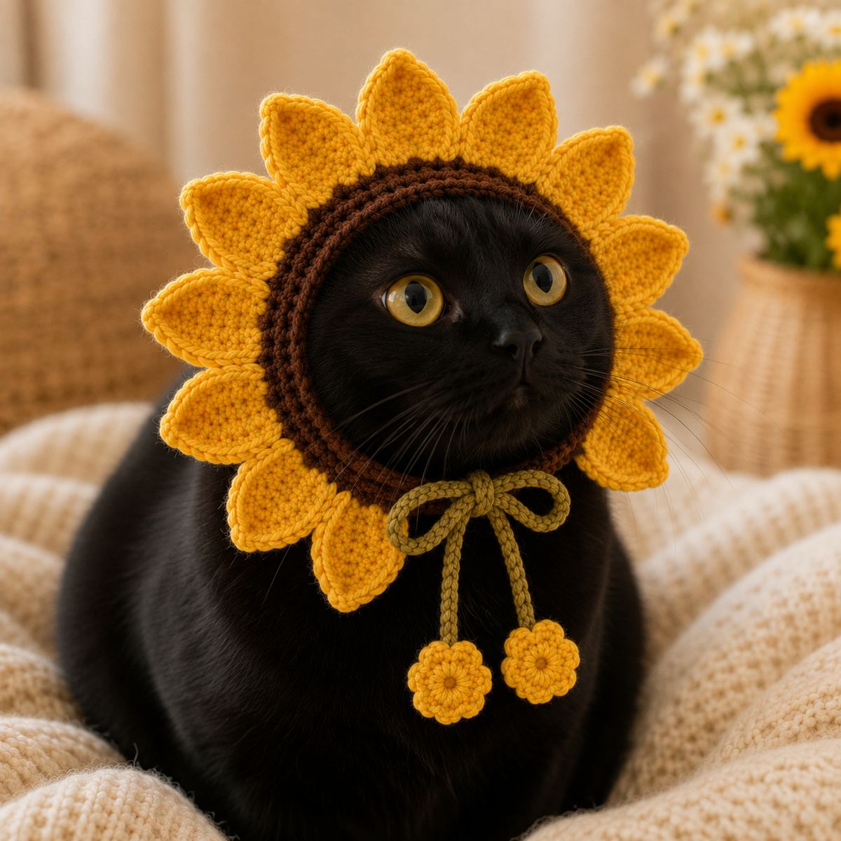 Sunflower Cat Bonnet Crochet Pattern PDF, Crochet Cat Hat Pattern, Flower Pet Bonnet, Sunflower Cat Hat, Cat Costume PDF, Digital Download