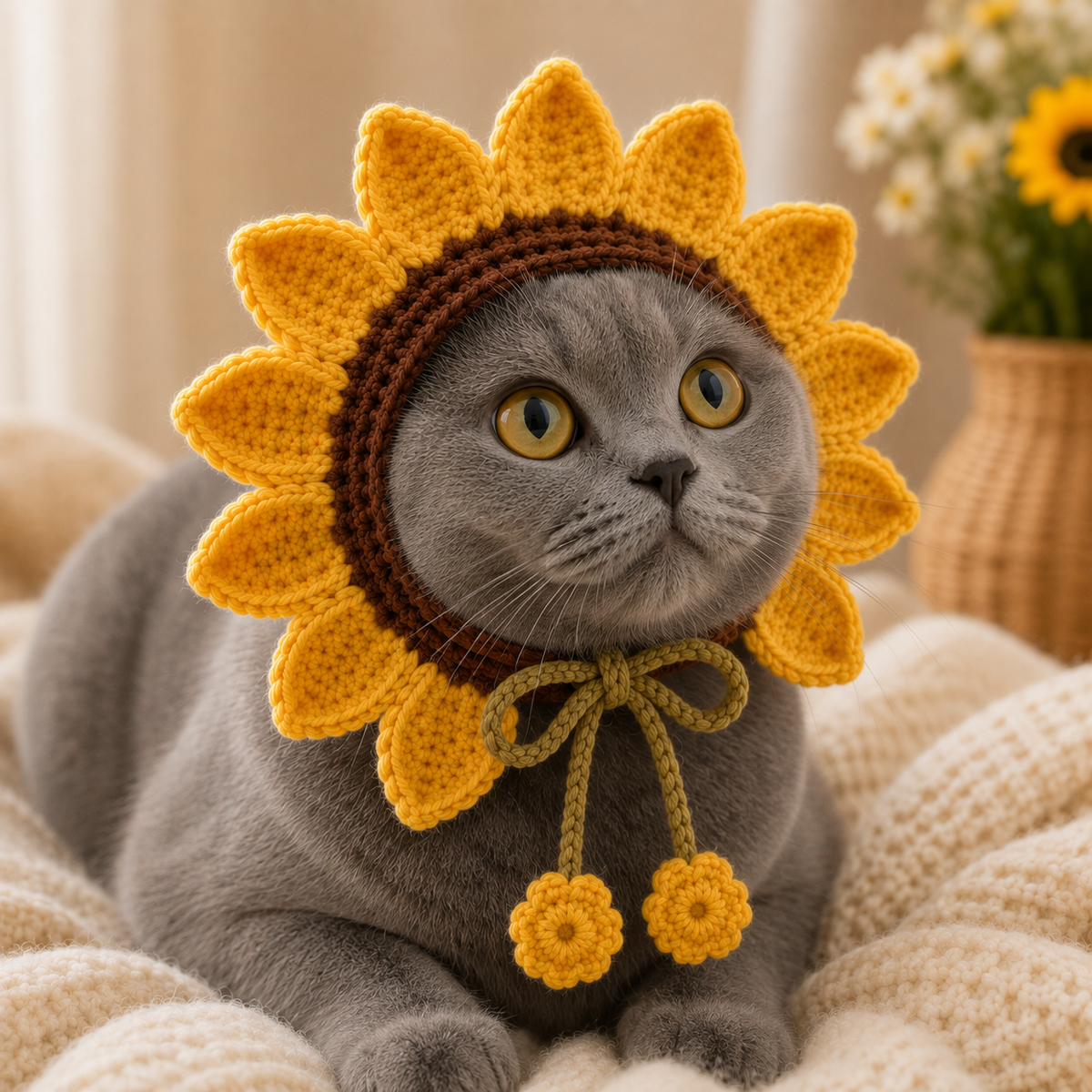 Sunflower Cat Bonnet Crochet Pattern PDF, Crochet Cat Hat Pattern, Flower Pet Bonnet, Sunflower Cat Hat, Cat Costume PDF, Digital Download