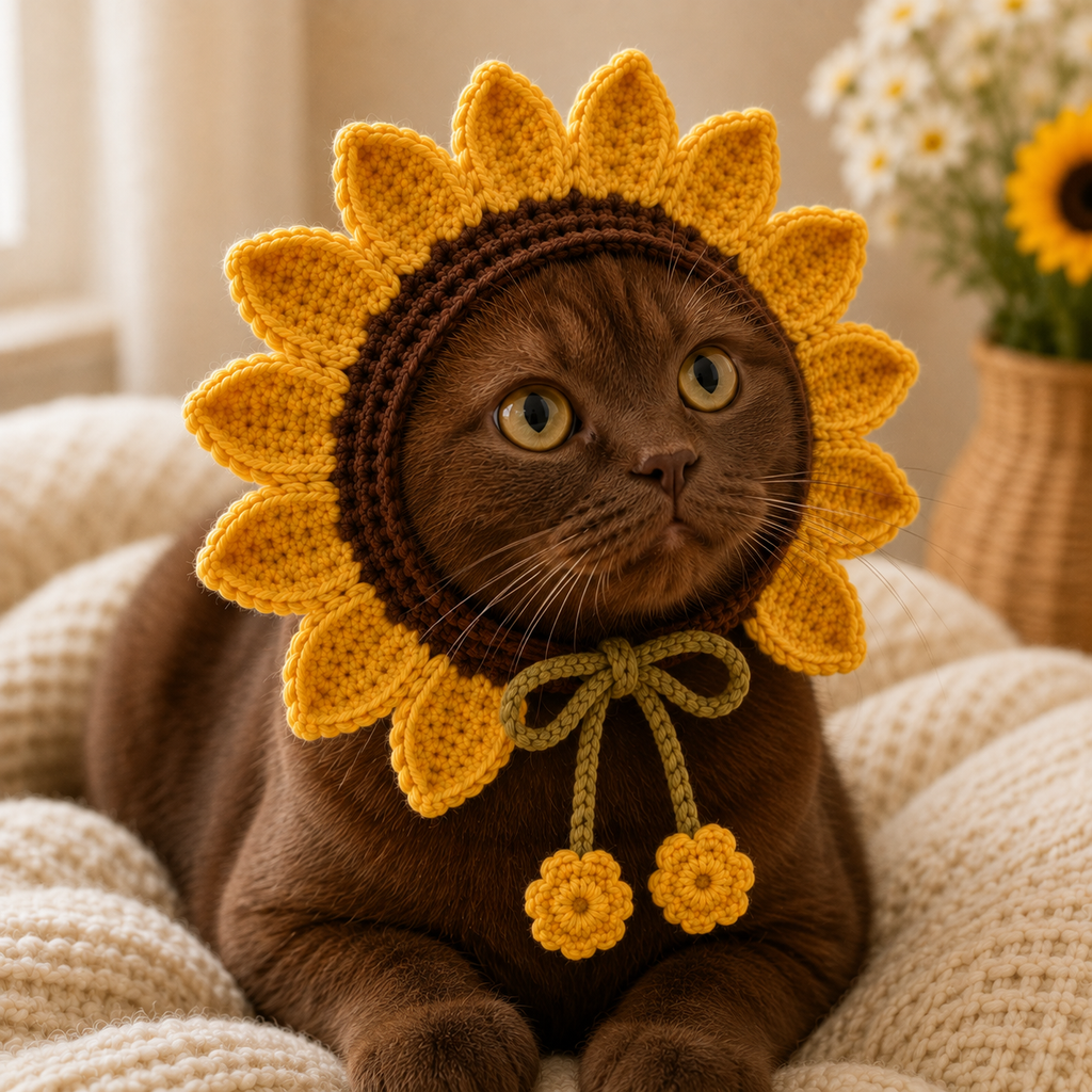 Sunflower Cat Bonnet Crochet Pattern PDF, Crochet Cat Hat Pattern, Flower Pet Bonnet, Sunflower Cat Hat, Cat Costume PDF, Digital Download