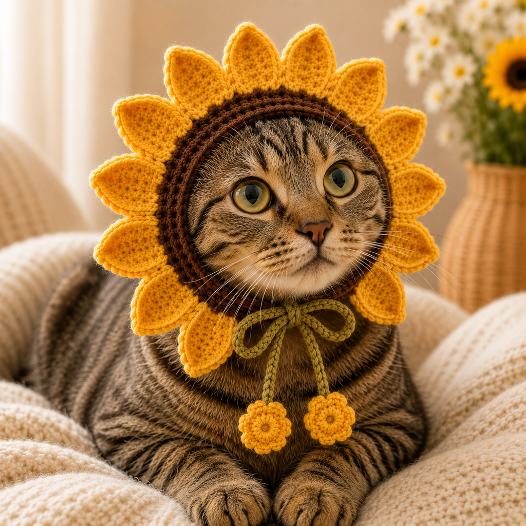 Sunflower Cat Bonnet Crochet Pattern PDF, Crochet Cat Hat Pattern, Flower Pet Bonnet, Sunflower Cat Hat, Cat Costume PDF, Digital Download