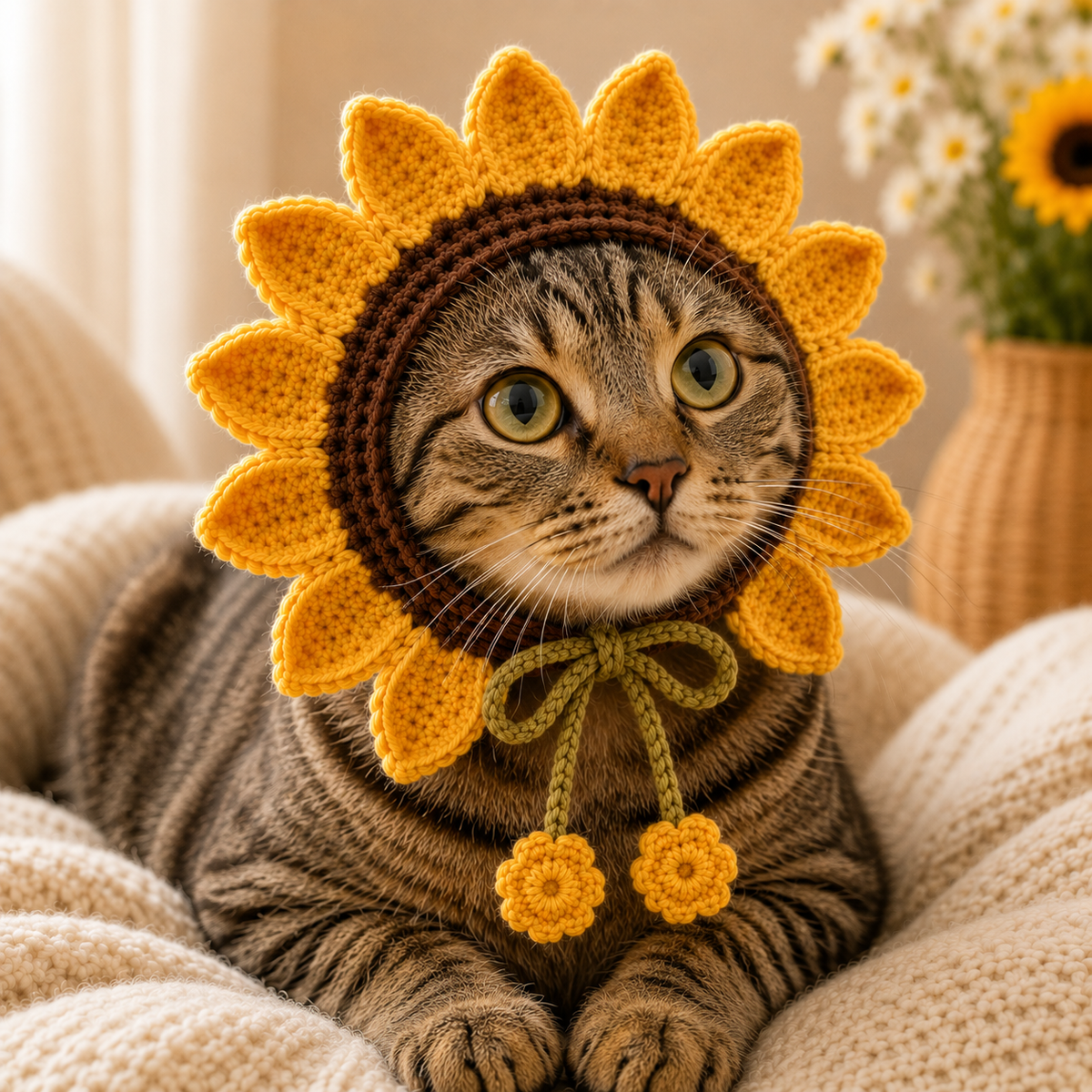 Sunflower Cat Bonnet Crochet Pattern PDF, Crochet Cat Hat Pattern, Flower Pet Bonnet, Sunflower Cat Hat, Cat Costume PDF, Digital Download