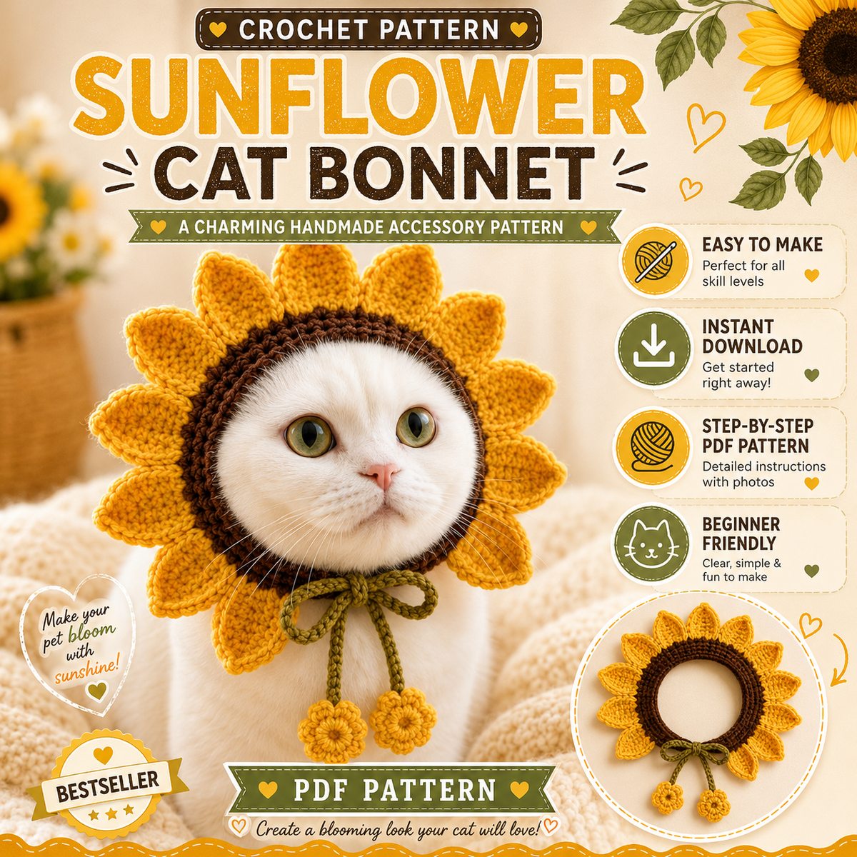 Sunflower Cat Bonnet Crochet Pattern PDF, Crochet Cat Hat Pattern, Flower Pet Bonnet, Sunflower Cat Hat, Cat Costume PDF, Digital Download