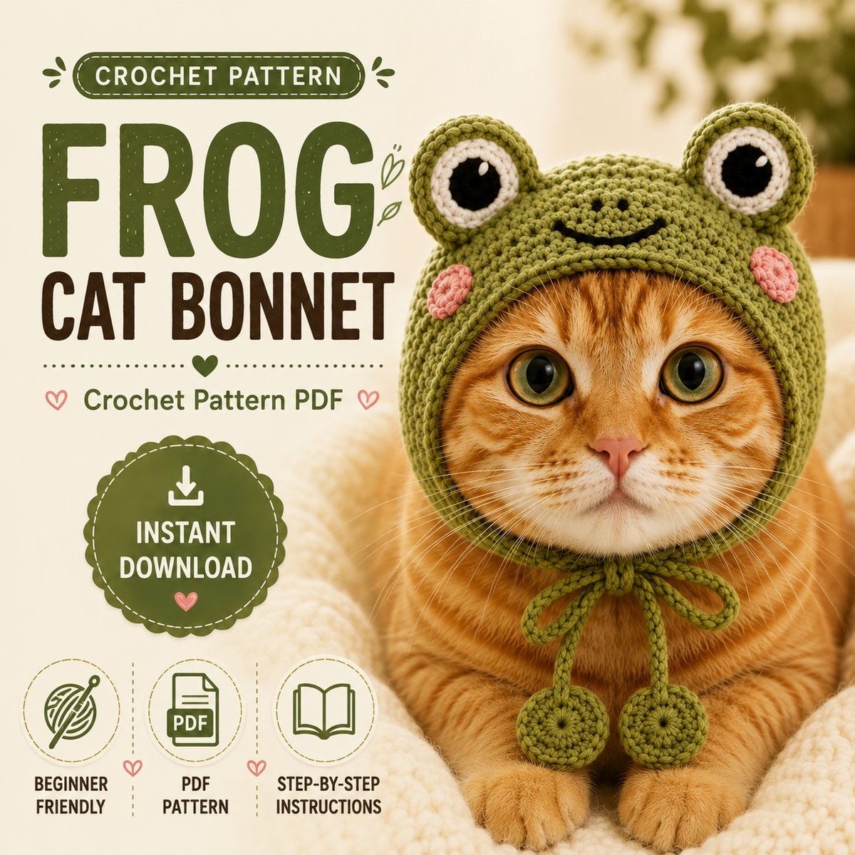 Frog Cat Bonnet Crochet Pattern, Frog Hat for Cats PDF, Crochet Cat Hat Pattern, Pet Accessory Pattern, Instant Download