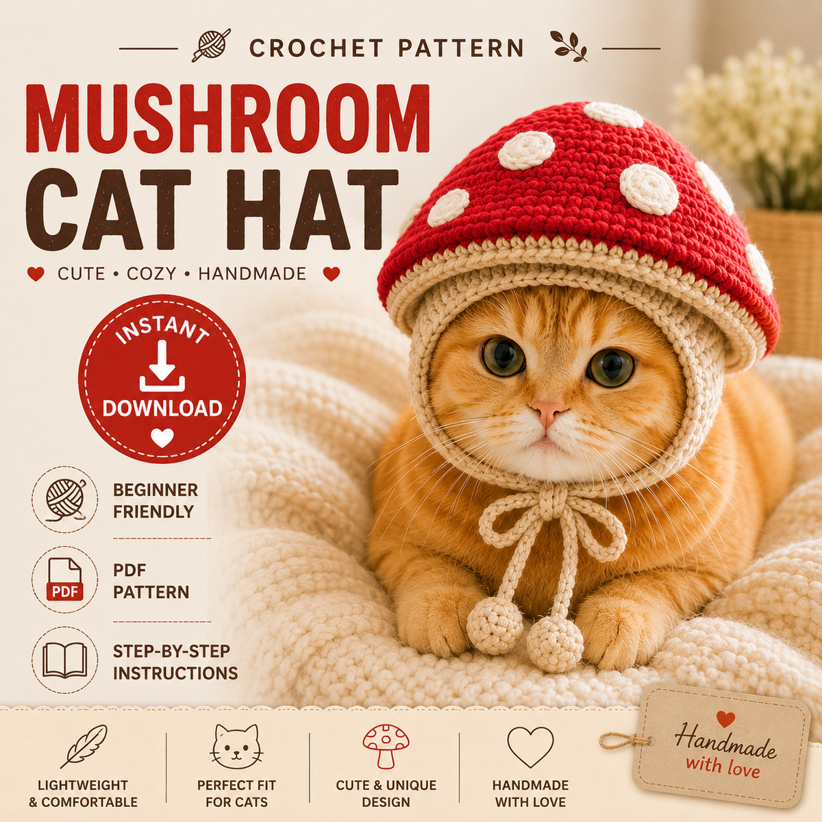 Mushroom Cat Hat Crochet Pattern PDF, Crochet Cat Hat Pattern, Mushroom Pet Hat, Cat Bonnet Crochet, Cute Cat Accessory, DIY PDF