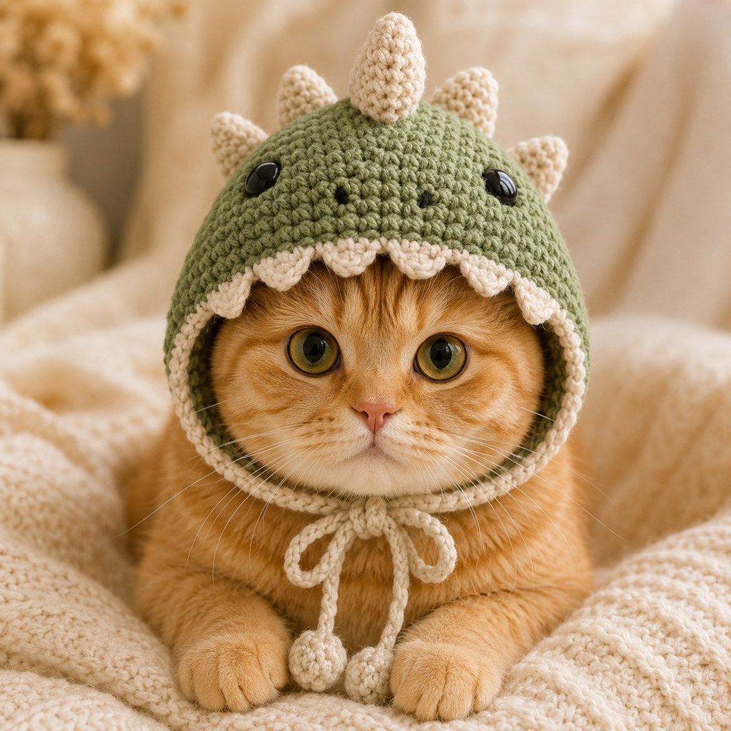 Dinosaur Cat Bonnet Crochet Pattern PDF, Crochet Cat Hat Pattern, Dino Pet Bonnet, Cat Hat Crochet Pattern, Pet Accessory PDF