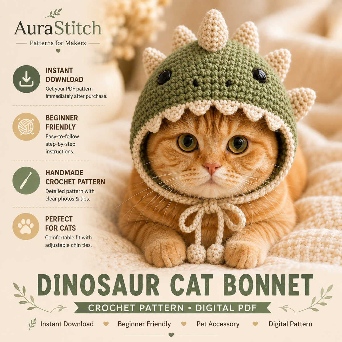 Dinosaur Cat Bonnet Crochet Pattern PDF, Crochet Cat Hat Pattern, Dino Pet Bonnet, Cat Hat Crochet Pattern, Pet Accessory PDF