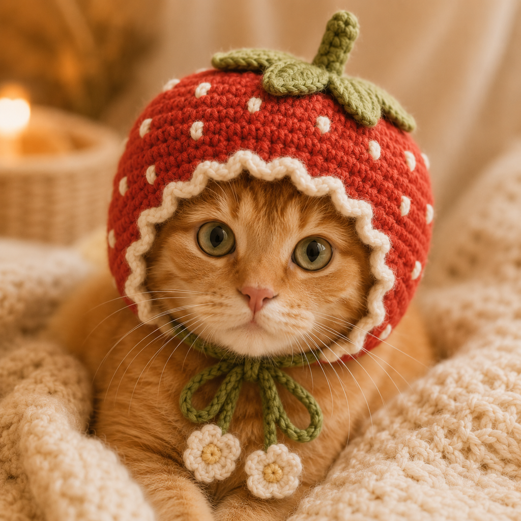 Strawberry Cat Bonnet Crochet Pattern PDF, Cat Hat Crochet Pattern, Pet Bonnet Pattern, Strawberry Cat Hat, DIY Cat Accessory, Instant Download