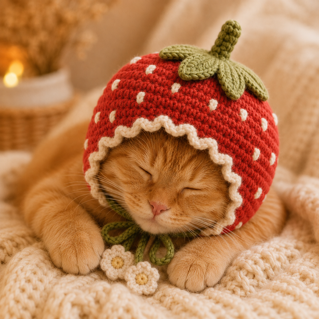 Strawberry Cat Bonnet Crochet Pattern PDF, Cat Hat Crochet Pattern, Pet Bonnet Pattern, Strawberry Cat Hat, DIY Cat Accessory, Instant Download