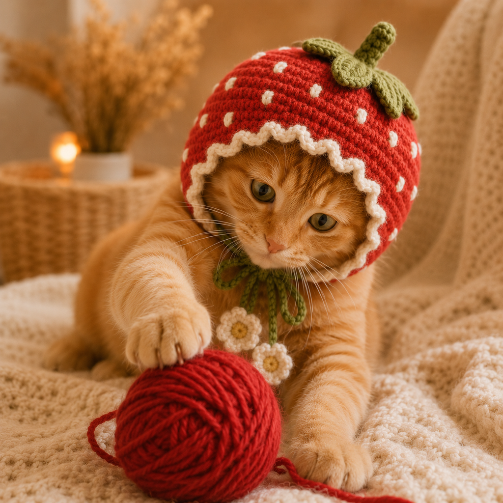 Strawberry Cat Bonnet Crochet Pattern PDF, Cat Hat Crochet Pattern, Pet Bonnet Pattern, Strawberry Cat Hat, DIY Cat Accessory, Instant Download