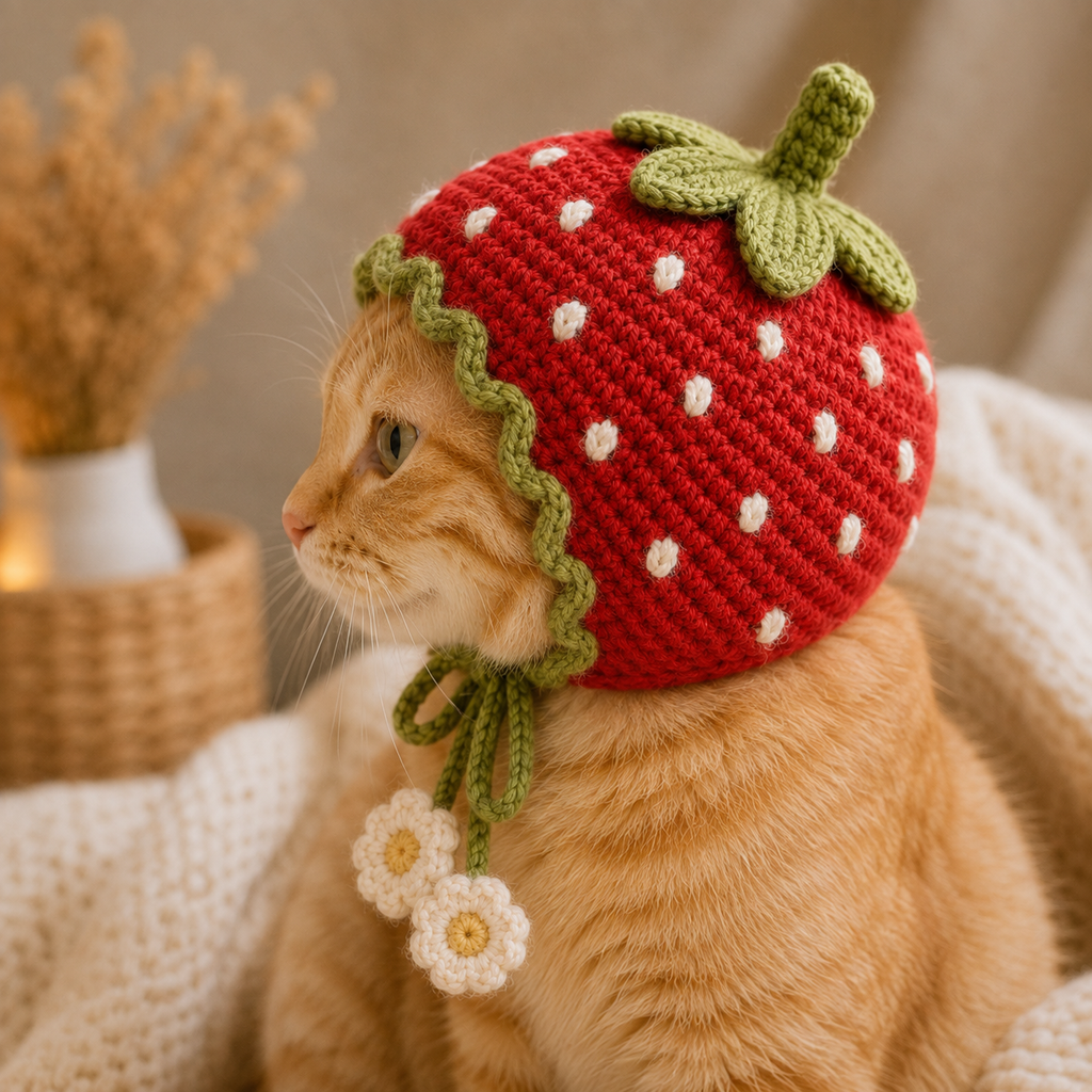 Strawberry Cat Bonnet Crochet Pattern PDF, Cat Hat Crochet Pattern, Pet Bonnet Pattern, Strawberry Cat Hat, DIY Cat Accessory, Instant Download