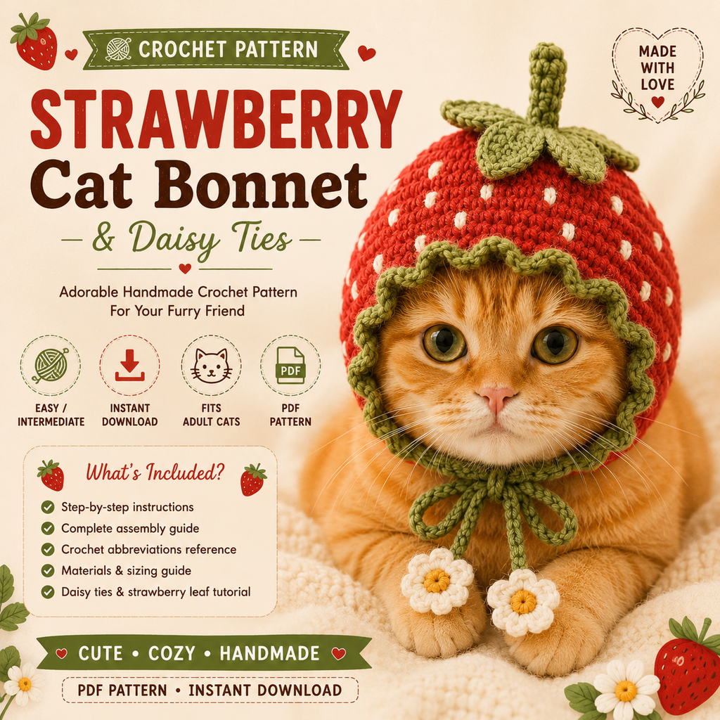 Strawberry Cat Bonnet Crochet Pattern PDF, Cat Hat Crochet Pattern, Pet Bonnet Pattern, Strawberry Cat Hat, DIY Cat Accessory, Instant Download