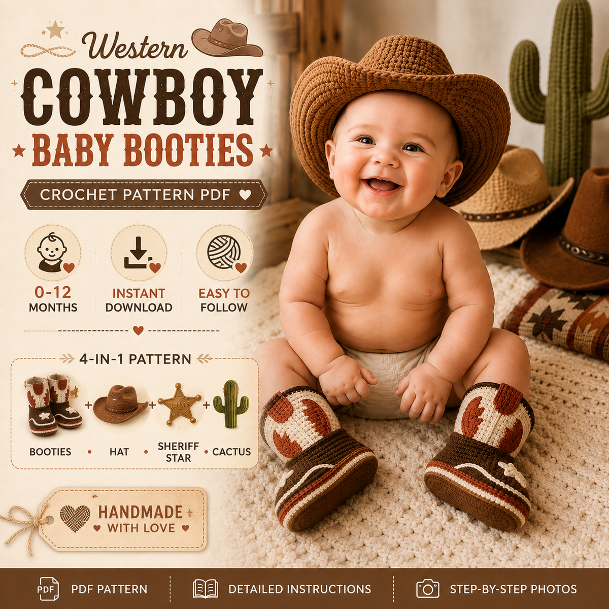 Cowboy Baby Booties Crochet Pattern PDF, Western Baby Boots