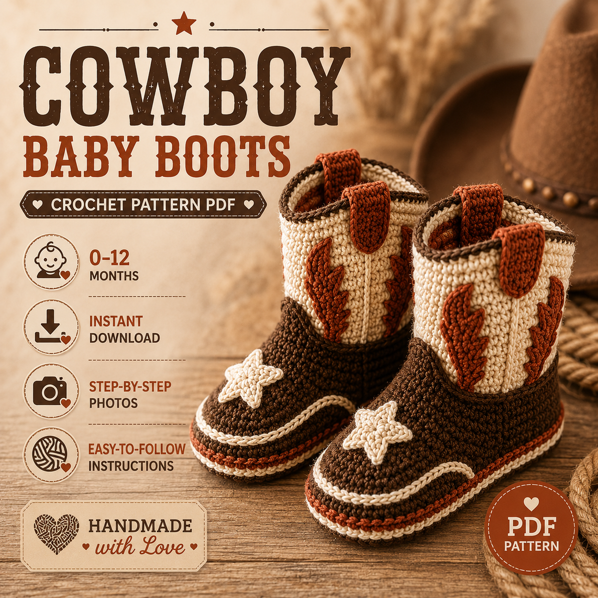 Cowboy Baby Boots Crochet Pattern PDF, Western Baby Booties
