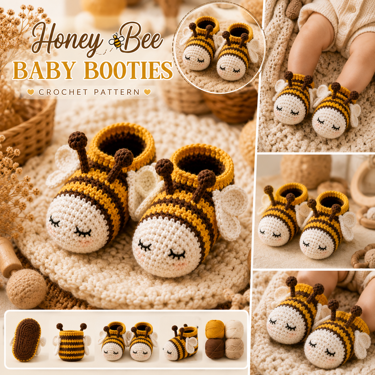 Honey Bee Baby Booties Crochet Pattern PDF, Bee Baby Shoes Pattern, Crochet Baby Booties, Newborn Gift, 0-6 Months, Instant Download