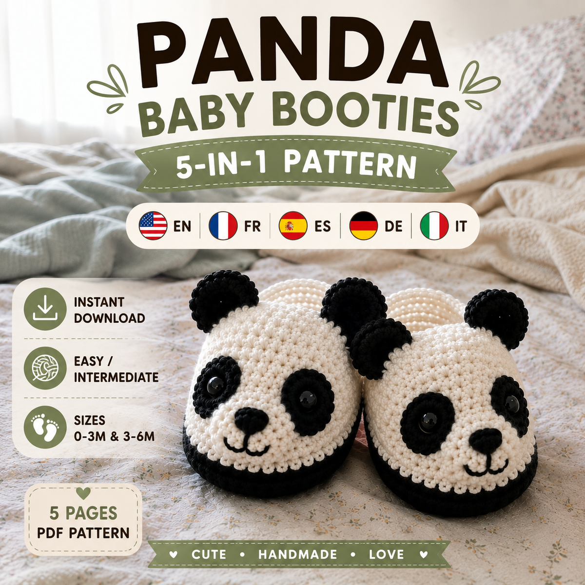 Panda Baby Booties Crochet Pattern PDF, Panda Bear Baby Shoes Pattern, 5 in 1 Crochet Booties, Baby Shower Gift, Easy Crochet PDF