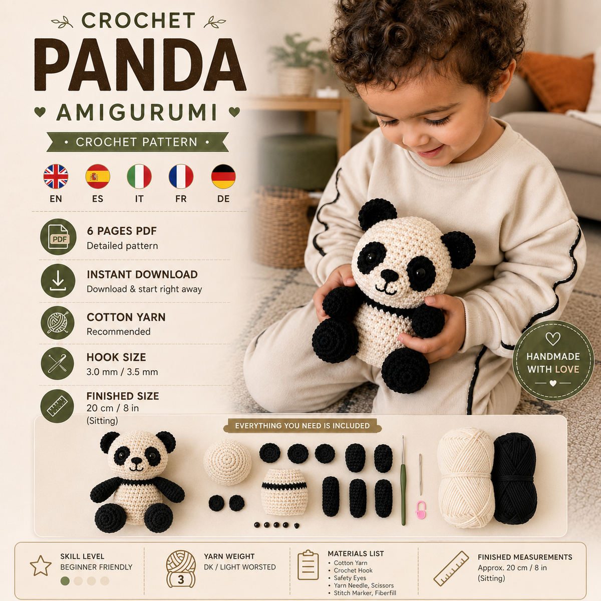 Panda Amigurumi Crochet Pattern PDF, Crochet Panda Pattern, Panda Bear Crochet Toy, Amigurumi Animal Pattern, Easy Crochet PDF, Digital Download