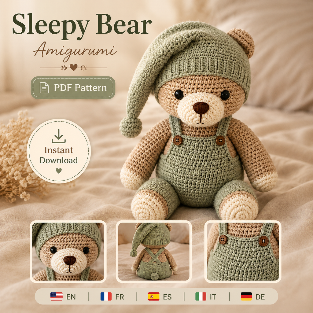 Sleepy Bear Amigurumi Crochet Pattern PDF, Teddy Bear Crochet Pattern, Crochet Bear Doll, Amigurumi Bear Pattern, Beginner Crochet PDF