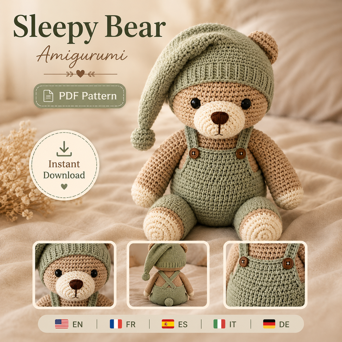 Sleepy Bear Amigurumi Crochet Pattern PDF, Teddy Bear Crochet Pattern, Crochet Bear Doll, Amigurumi Bear Pattern, Beginner Crochet PDF
