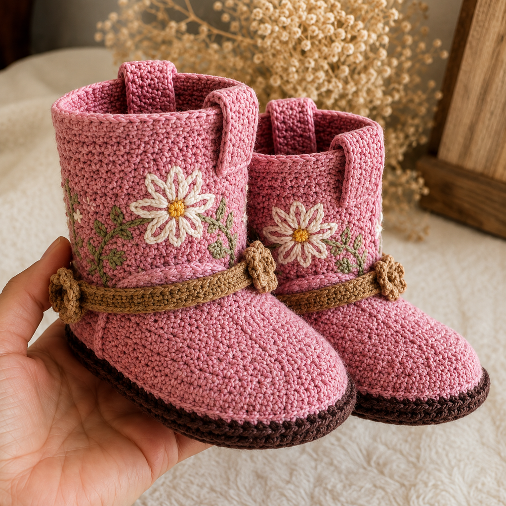 Pink Daisy Crochet Baby Boots Pattern PDF, Baby Booties Crochet Pattern, Floral Baby Shoes, Crochet Baby Boots, Baby Gift Pattern