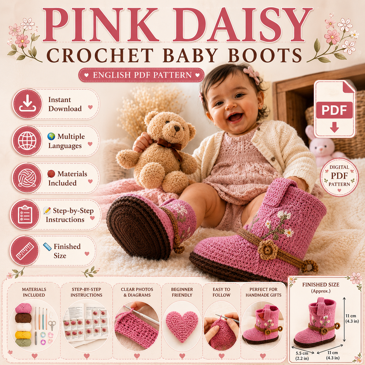 Pink Daisy Crochet Baby Boots Pattern PDF, Baby Booties Crochet Pattern, Floral Baby Shoes, Crochet Baby Boots, Baby Gift Pattern