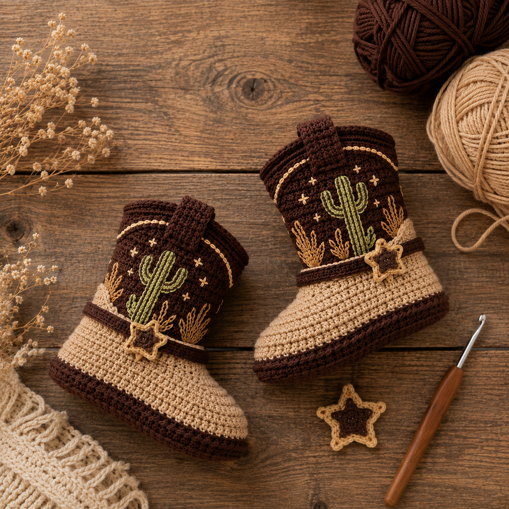 Cowboy Baby Booties Crochet Pattern PDF, Western Baby Boots Pattern, Cactus Crochet Baby...