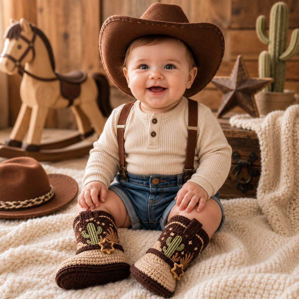 Cowboy Baby Booties Crochet Pattern PDF, Western Baby Boots Pattern, Cactus Crochet Baby...