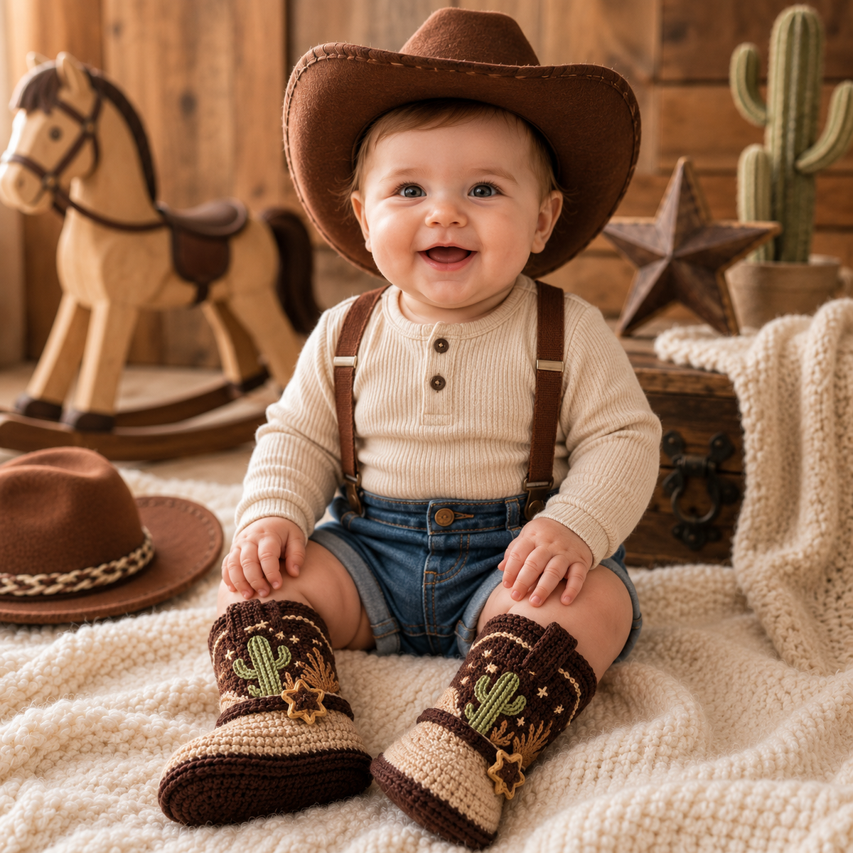Cowboy Baby Booties Crochet Pattern PDF, Western Baby Boots Pattern, Cactus Crochet Baby...