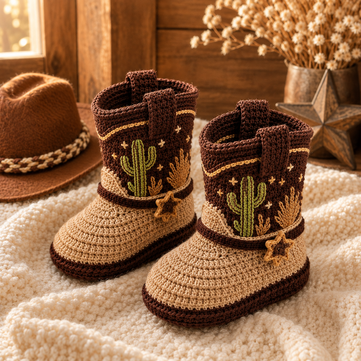 Cowboy Baby Booties Crochet Pattern PDF, Western Baby Boots Pattern, Cactus Crochet Baby...