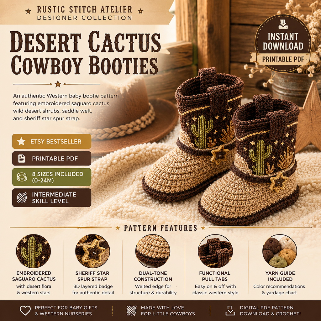 Cowboy Baby Booties Crochet Pattern PDF, Western Baby Boots Pattern, Cactus Crochet Baby...