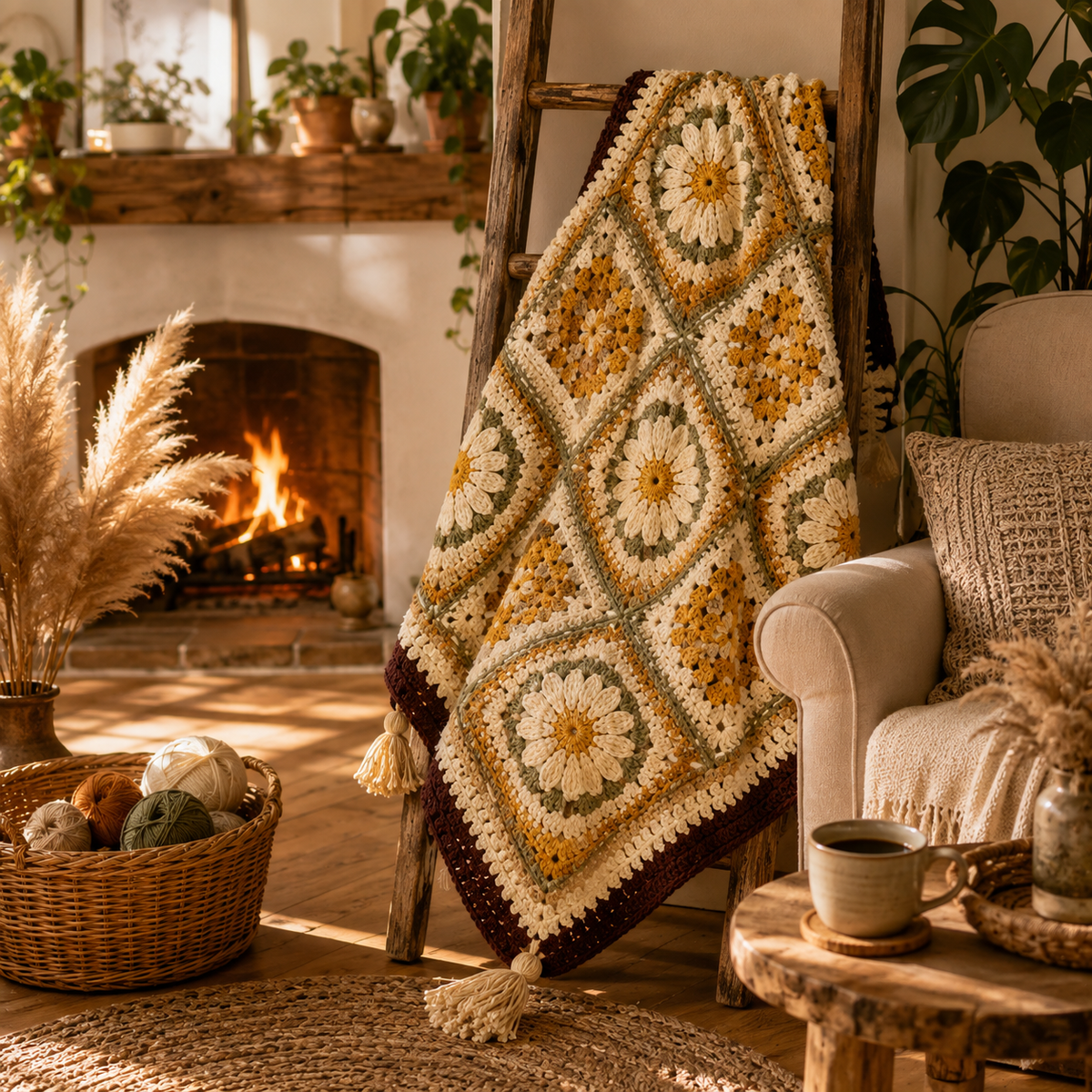 Vintage Daisy Harmony Crochet Blanket Pattern PDF | Floral Granny Square Afghan