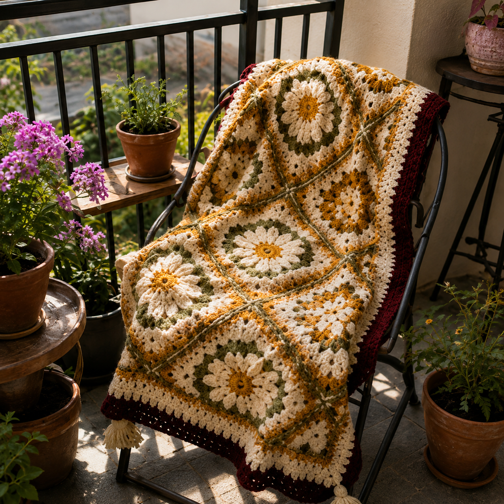 Vintage Daisy Harmony Crochet Blanket Pattern PDF | Floral Granny Square Afghan