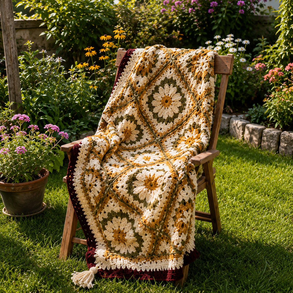 Vintage Daisy Harmony Crochet Blanket Pattern PDF | Floral Granny Square Afghan