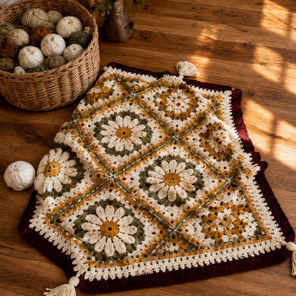 Vintage Daisy Harmony Crochet Blanket Pattern PDF | Floral Granny Square Afghan