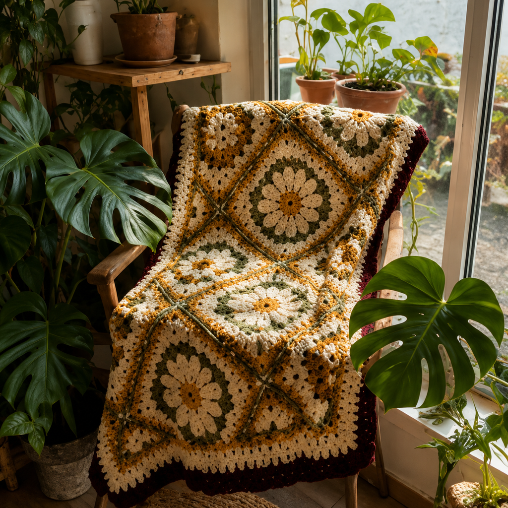Vintage Daisy Harmony Crochet Blanket Pattern PDF | Floral Granny Square Afghan